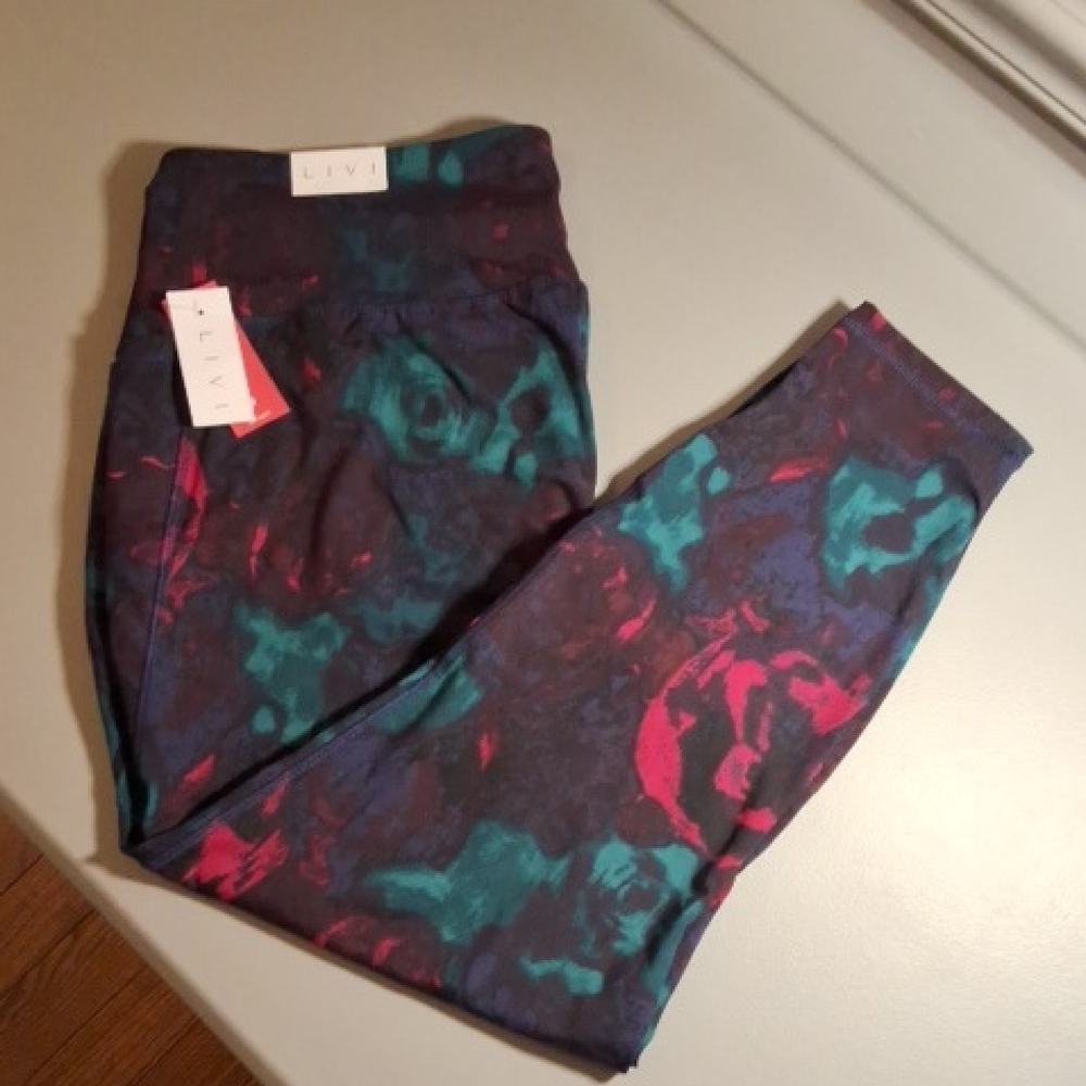 Livi Active Floral-Print Leggings in Navy, Teal & Magenta W/pockets